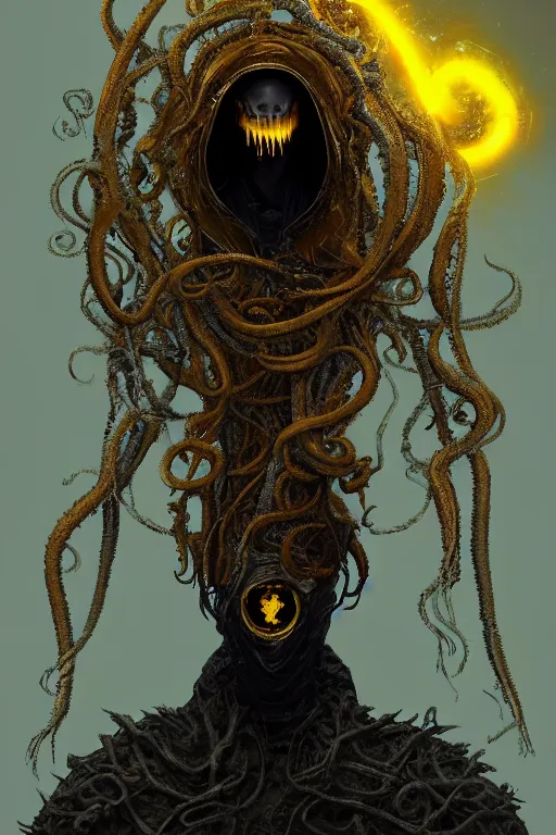 Image similar to A full body portrait of a mysterious character with no face with a very long hooded yellow cloak, a golden crown floating above his head tentacles coming out the ground art by Maciej Kuciara, Lee Griggs and Jason Chan, ominous, cosmic horror, trending on artstation, Ultra detailed, hyper realistic 4k