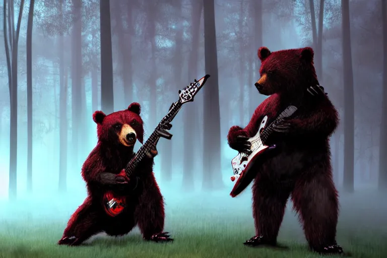 Image similar to Realistic punk bear playing hardcore metal guitar in the middle of a misty red forest talking to big foot .digital art on artstation