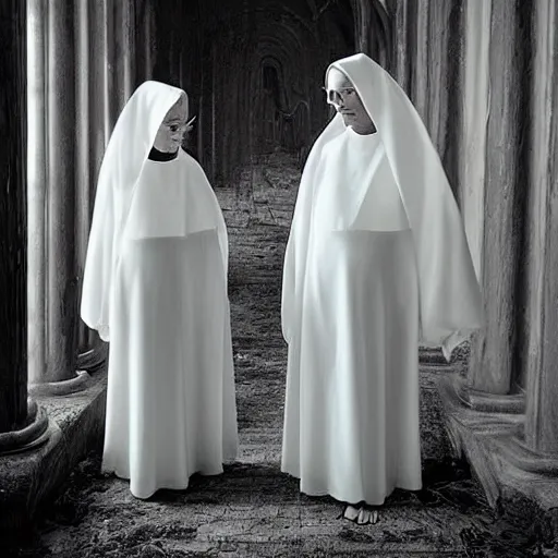 Image similar to award winning photo Floating twin nuns wearing translucent habits Very long arms, in a sanctuary, eerie, frightening —width 1024 —height 1024