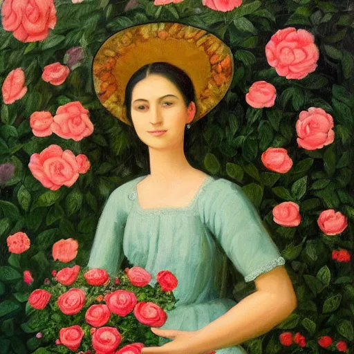 Image similar to a beautiful and intricate painting of a young woman standing in a garden, surrounded by roses. the woman has a gentle, kind expression on her face, and the overall effect is one of serenity and peace.