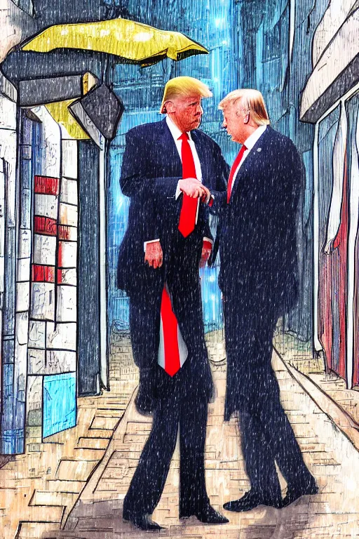 Image similar to digital art of donald trump buying drugs from vladimir putin in a dark raining city alleyway