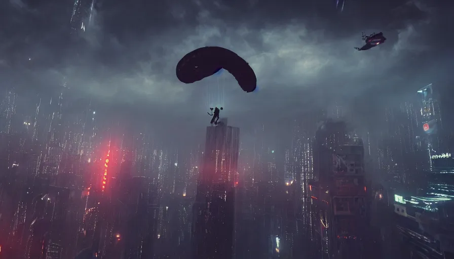 Image similar to man parachuting into a dark cyberpunk city through clouds, volumetric lighting, dystopia, artstation, concept art, painting