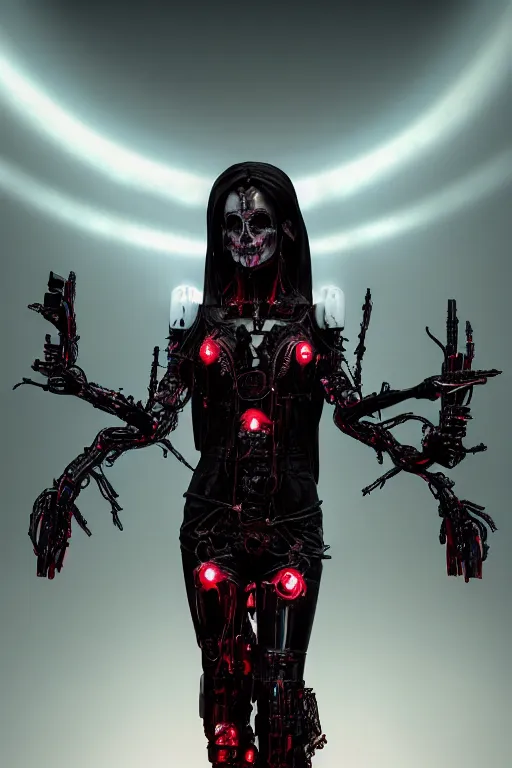 Image similar to full-body cyberpunk style sculpture of a young beautiful dark priestess, half android with a head opening exposing circuitry, glowing red eyes, black roses, flowing blood red colored silk, fabric, candles. baroque elements, human skull. full length view. baroque element. intricate artwork by caravaggio. crows flying in background. Trending on artstation, octane render, cinematic lighting from the right, hyper realism, octane render, 8k, depth of field, 3D