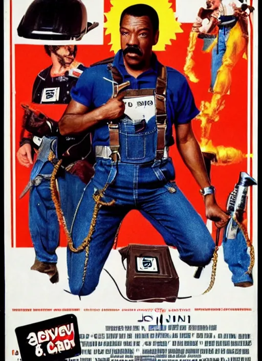 Image similar to an 8 0's john alvin action movie poster starring eddie murphy face as a plumber to rich people. bathroom. overalls. tool belt. the movie is called beverly hills crap