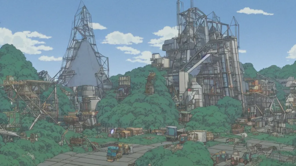 Prompt: a movie still from a studio ghibli film showing a huge industrial mining facility. a pyramid is under construction in the background, in the rainforest on a misty and starry night. a ufo is in the sky. by studio ghibli