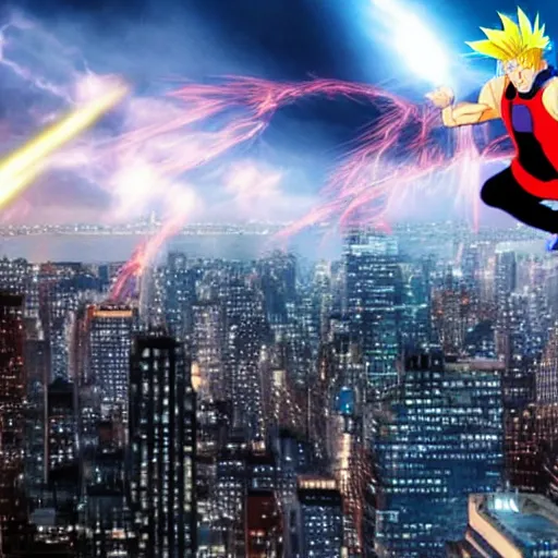 Image similar to photo realistic super sayan trump flying in the sky and prepare a kamehameha above new york city. high details, intricate, unreal engine 5.