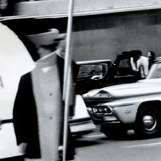 Prompt: 1960s press archive of middle-aged Kim Jong-il coming out of a car, face obscured, Reuters, 35mm film, film grain, mysterious exterior, motion blur, crowd, kaiju-eiga in the background, underexposed