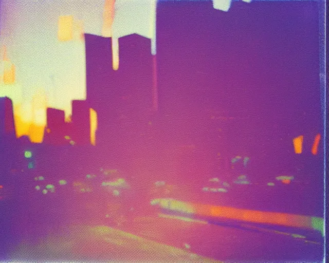 Image similar to futuristic city, violet and yellow sunset, polaroid photo, whimsical and psychedelic, 1 9 6 0 s, grainy, expired film, glitched