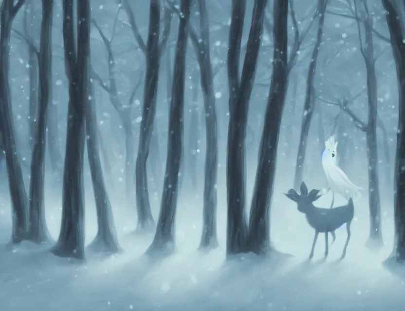 Image similar to magical, supernatural fae animal spirit in the winter woods. limited palette, 2 d animation from the 2 0 1 0 s, backlighting, bold composition, depth of field.