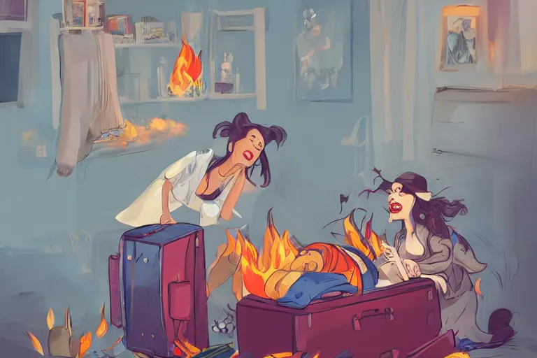 Prompt: a crazy opera singer hurries up to pack daughter's things in suitcase, surrounded with fire, clothes are flying around in room, digital art, trending on artstation, very very realistic