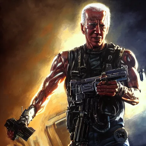 Image similar to joe biden as the terminator, dramatic lighting, cinematic, establishing shot, extremly high detail, photorealistic, cinematic lighting, artstation, style by James Gurney