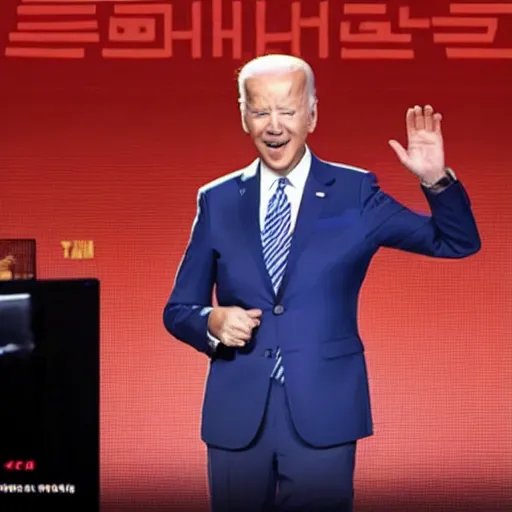 Image similar to biden k-pop star, singing on a stage