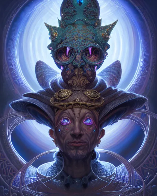 Image similar to front shot of a court jester character, hyperdimensional, bioluminescent hypercubes, ((intricate)), elegant, highly detailed, centered, (((artstation, concept art, smooth, sharp focus, artgerm, Tomasz Alen Kopera, Peter Mohrbacher, donato giancola, Joseph Christian Leyendecker, WLOP, Boris Vallejo))), mugshot!!!!!, ugly!!!!!!, octane render, nvidia raytracing demo, grainy, muted, 8K, digitalblasphemy