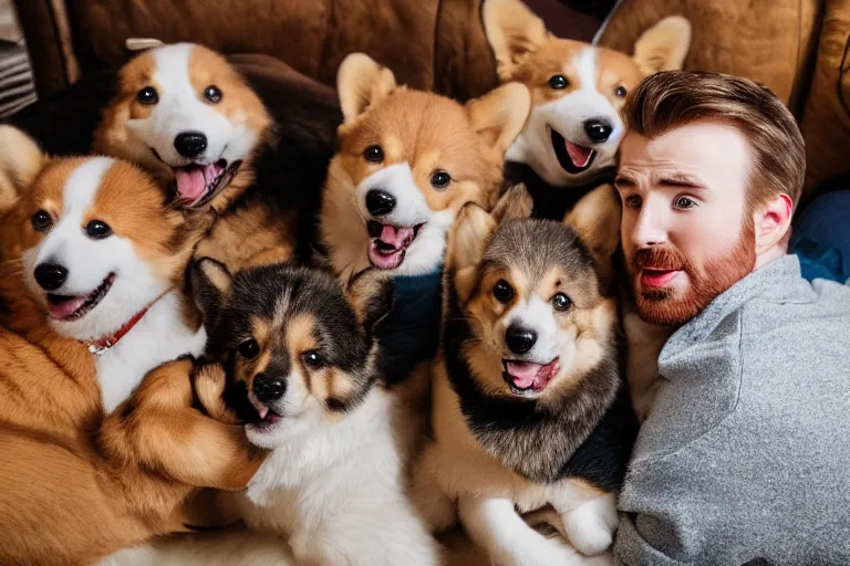 Prompt: chris evans surrounded by corgi puppies, living room floor, cozy, 3 5 mm, f / 8, flash photography, snapshot