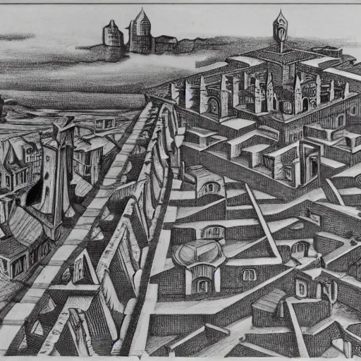 Prompt: MC Escher drawing of a medieval city