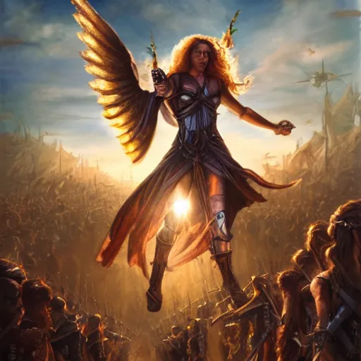 Image similar to the goddesses fraya going to war with her army of valkyries, golden hour, 8 k uhd, oil painting, high detail.