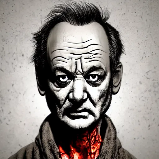 Image similar to bill murray as angry zombie portrait, horror core, apocalyptic, bathrobe, pale skin, wounds, one eye hanging out, snarling, dramatic, sharp focus, fiction, hyper detailed, digital art, trending in artstation, cinematic lighting, studio quality, smooth render, unreal engine 5 rendered, octane rendered, art style and nixeu and wlop and krenz cushart