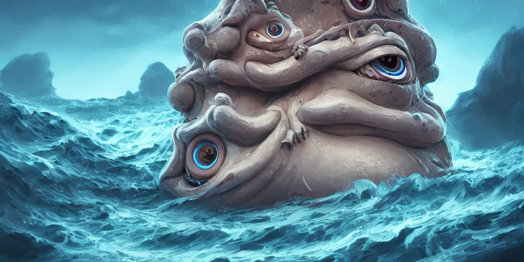 Image similar to of a stormy ocean with strange cute friendly happy creatures with huge eyes, mouth, long tongue, round teeth and goofy face, appearing from the background, in the style of gehry and gaudi, macro lens, shallow depth of field, ultra detailed, digital painting, trending artstation, concept art, illustration, cinematic lighting, photorealism, epic, octane render