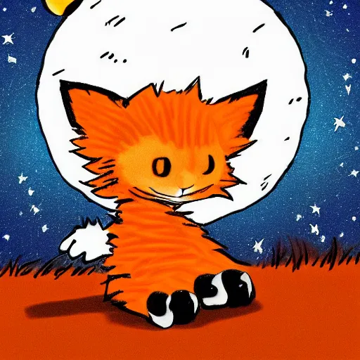 Image similar to A fuzzy orange cat sitting on planet earth, space with stars in the background, trending on artstation, 3D animation, in the style of Calvin And Hobbes