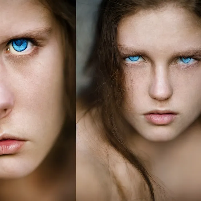 Prompt: Kodak Portra 400, 8K, highly detailed, dramatic photographic Close-up face of a extremely beautiful girl with clear blue eyes and brown hair , high light on the left, rim light, non-illuminated backdrop, illuminated by a dramatic light, Low key lighting, light dark, High constrast, dramatic , Steve Mccurry, Lee Jeffries , Norman Rockwell, Craig Mulins ,dark background, high quality, photo-realistic.