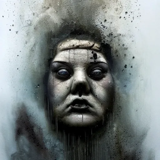 Image similar to portrait of the face of big fat old sumoringer as despair from sandman, venus of willendorf, by jeremy mann, by gregory crewdson, by bastien lecouffe deharme, by russ mills, sad face, topknot, black hair, mourning, black eyes, white room, soft lightning, high detailed, 8 k