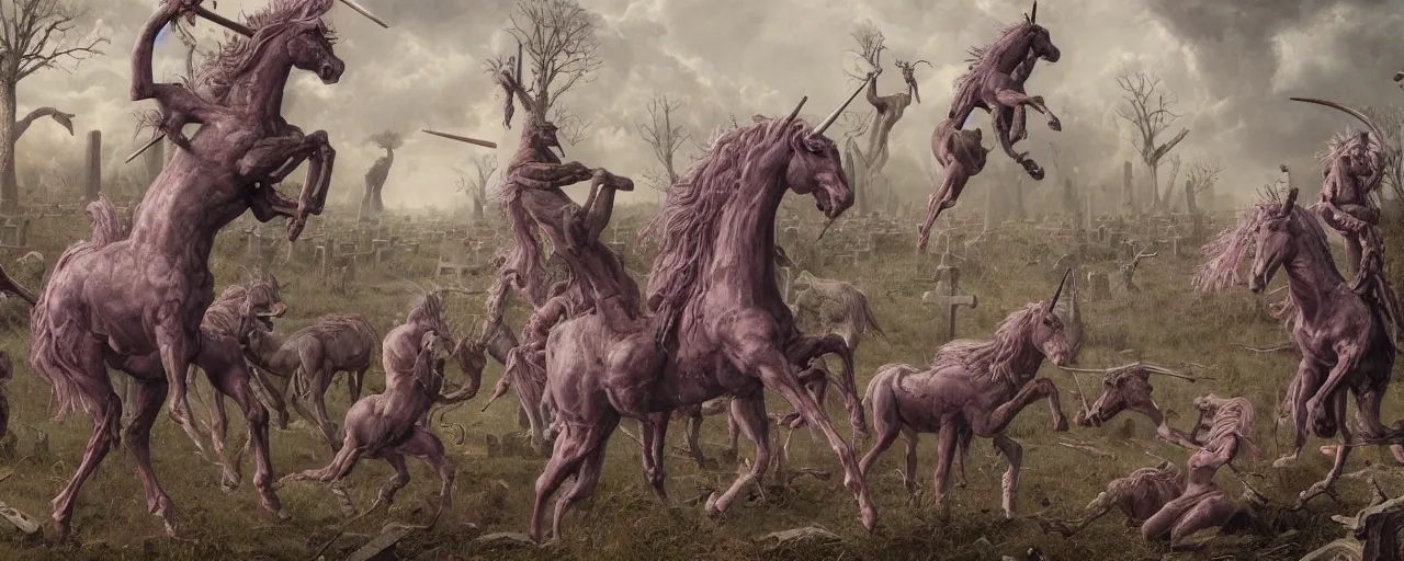 Image similar to a stunning detailed mate painting of unicorns dancing on a graveyard'by wayne barlowe, existential horror, trending on cgsociety artstation, highly detailed, 8 k, masterpiece, super resolution.