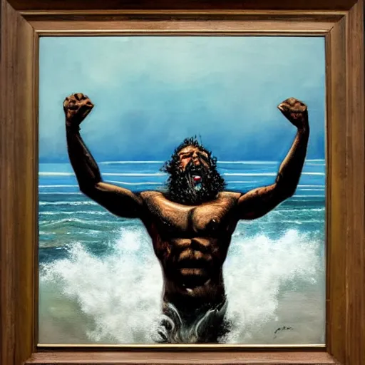 Prompt: portrait of proud and screaming Poseidon rising from the ocean, ready to fight with trident, oil painting, dark colors, sinister atmosphere