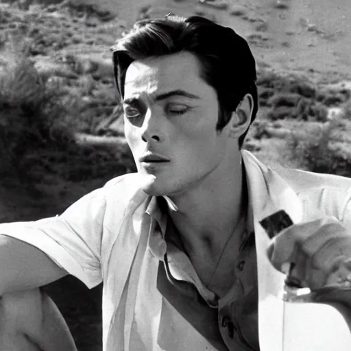 Prompt: alain delon drinking in the sun, in plein soleil ( 1 9 6 0 )