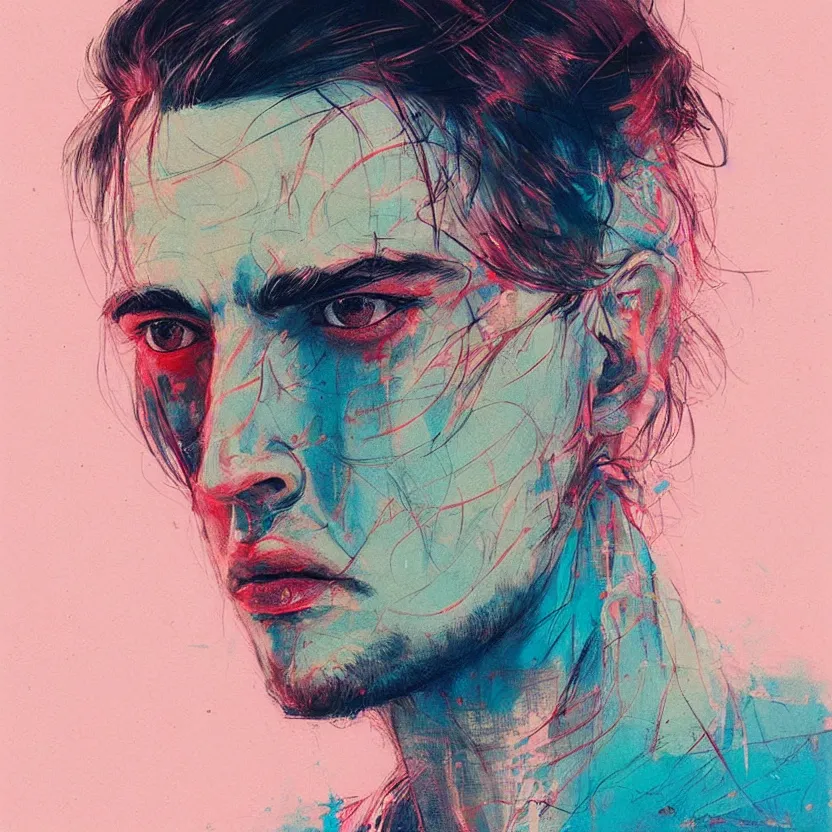 Prompt: close up portrait painting of a male in nineties street styling, concept art, intricate details, aesthetically pleasing pastel colors, art by conrad roset, impressionism, portrait