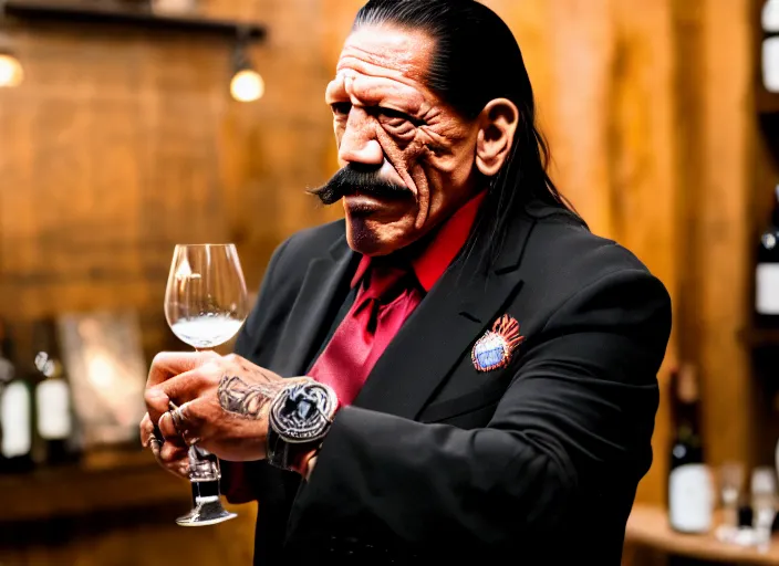 Prompt: photo of danny trejo working as a sommelier, 8 k, 5 2 mm f 1. 8
