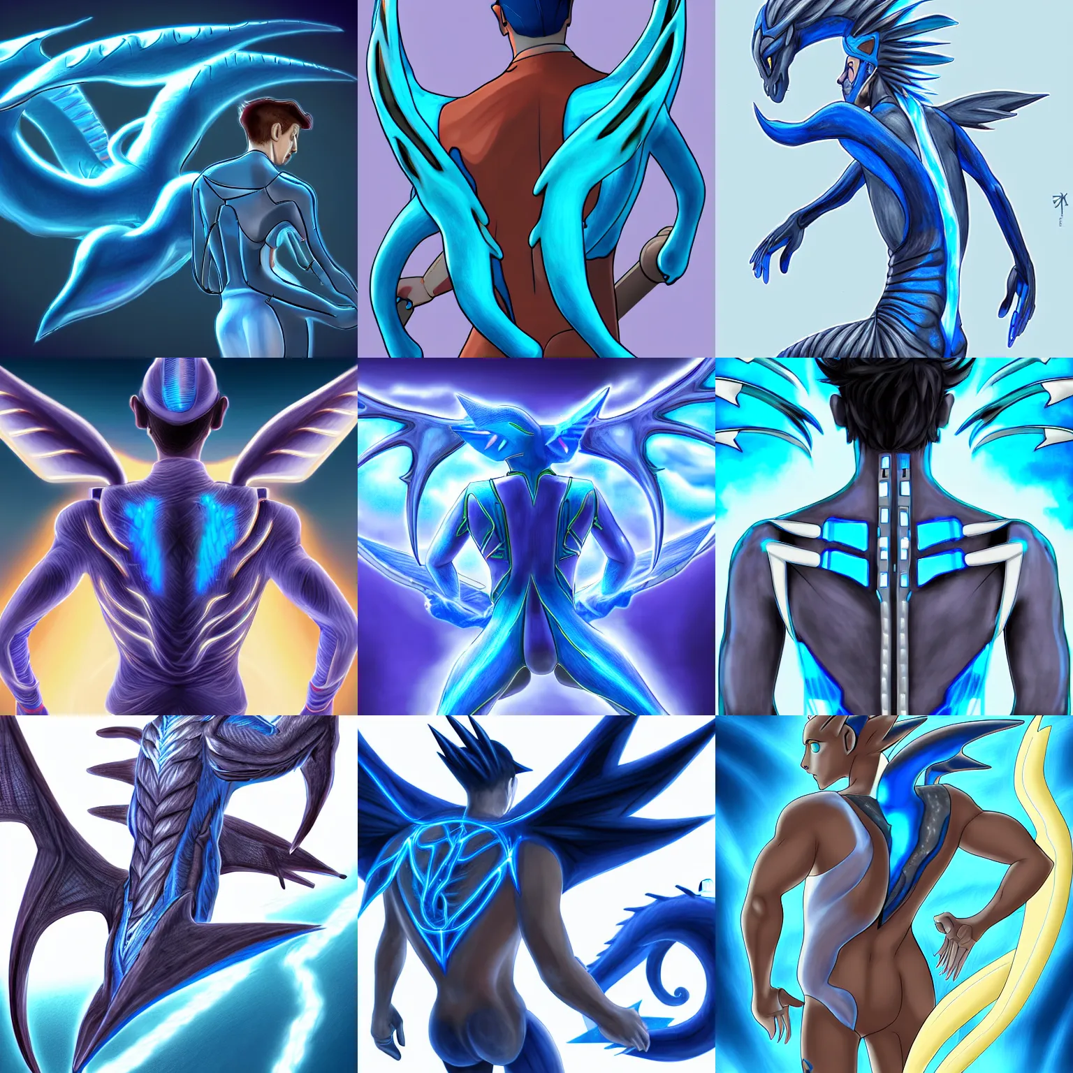 Prompt: human man with the tail of the pokemon dragonair attached to his whole spine, futuristic, electrical, back - shot, high tech, symmetrical, digital art, dragon, blue, pokemon, anatomy, d & d, 4 k hd, very detailed, drawing