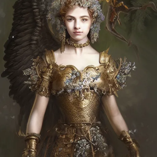 Image similar to A masterpiece ultrarealistic ultradetailed portrait of a Incredibly beautiful angel princess with Royal Tevton Knight Full Iron Helmet mask. baroque renaissance girl in the night forest. medium shot, intricate, elegant, highly detailed. trending on artstation, digital art, by Stanley Artgerm Lau, WLOP, Rossdraws, James Jean, Andrei Riabovitchev, Marc Simonetti, Yoshitaka Amano. background by James Jean and Gustav Klimt, light by Julie Bell, 4k, porcelain skin.