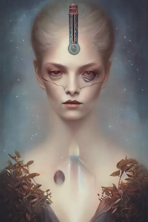 Prompt: a woman with a third eye, painting by tom bagshaw