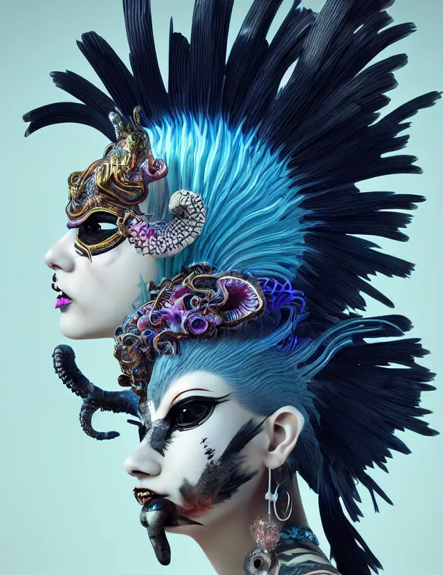 Image similar to 3 d goddess close - up profile portrait punk with mohawk with ram skull. beautiful intricately detailed japanese crow kitsune mask and clasical japanese kimono. betta fish, jellyfish phoenix, bio luminescent, plasma, ice, water, wind, creature, artwork by tooth wu and wlop and beeple and greg rutkowski