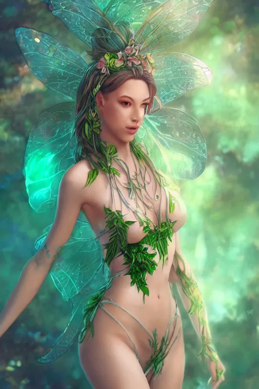Prompt: fairy goddess in a plant bikini, professional illustration by artgerm, wlop, fantasy, trending on artstation, volumetric lighting