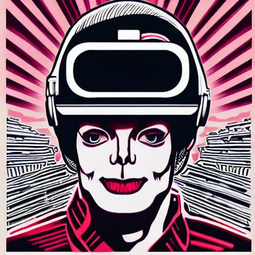 Image similar to Illustrated by Shepard Fairey and H.R. Geiger | Cyberpunk Michael Jackson with VR helmet, surrounded by cables