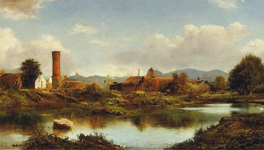 Prompt: a beautiful view of a mill next to a strem, by hermann ottomar herzog