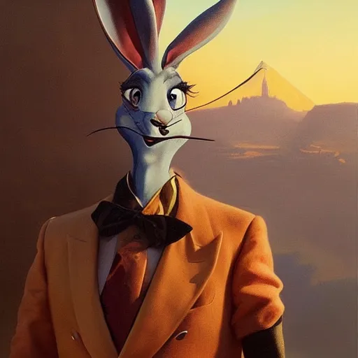 Image similar to salvadore dali cosplay bugs bunny, art by wgreg rutkowski. during golden hour. extremely detailed.