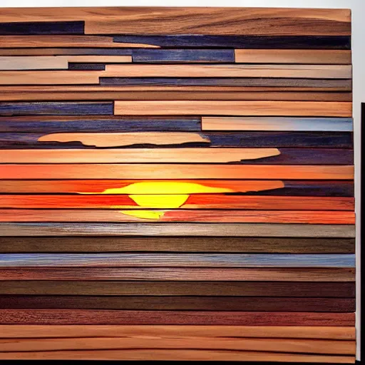 Image similar to wooden panel of sunset made of many different types of wood