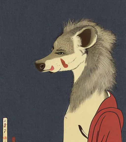 Image similar to ukiyo-e ukiyoe portrait of furry anthro anthropomorphic spotted hyena head animal person fursona wearing clothes sitting in a living room