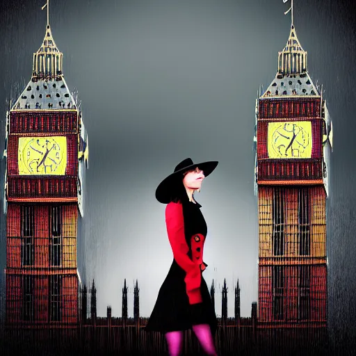 Prompt: A woman wearing a trench coat,a black hat and red high heels flying high in the sky above the tall buildings,the Big Ben is in background, top down perspective,gloomy lighting,creepy atmosphere,digital art , highly detailed , high contrast, beautiful lighting, award winning , trending on art station, 8k, photo realistic