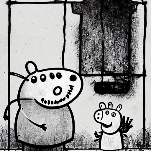 Image similar to Peppa Pig in Stephen Gammell style, evil, high detail, monochrome, Scary Stories