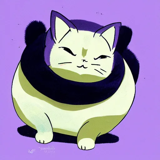 Prompt: Purugly, the fat cat Pokémon. Lavender fur, yellow eyes, flat face, chubby body. Purugly laying on a bed contentedly.