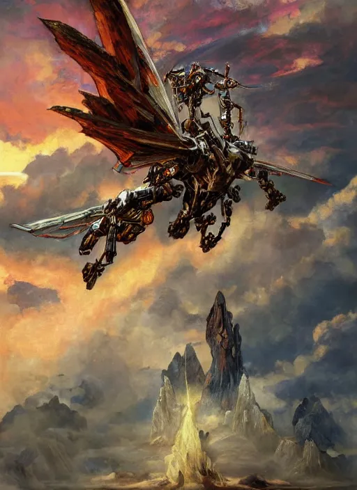 Prompt: biblical mecha winged dragon sitting slayed, in clouds on a riverside, sunset, big eyes, portrait by mikhail vrubel, studio lighting, muted colors, by frank frazetta, extreme detail, reflections, trending on artstation, 8 k