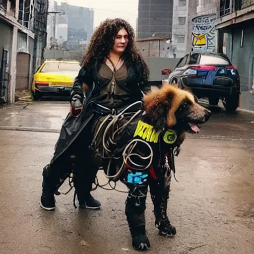 Image similar to a latin person with really curly mid length hair is wearing cyberpunk clothes and riding on top of a yellow Shepard dog