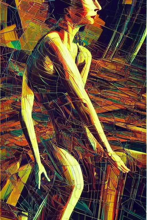 Prompt: wideangle portrait, a dancer among broken tensor fields, madness, decoherence, synthwave, glitch!!, fractured reality, vortex, realistic, hyperdetailed, concept art, art by syd mead, cubism