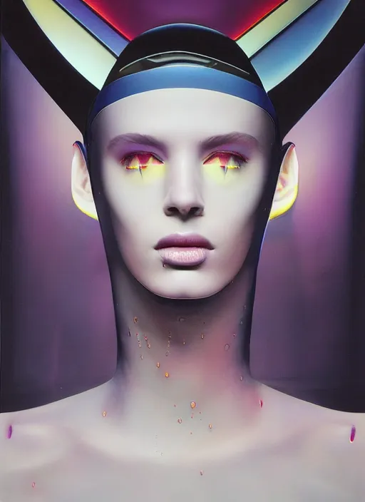 Image similar to futuristic lasers tracing, colorsmoke, leather fullbodysuit, pyramid hoodvisor, raindrops, wet, oiled, beautiful cyborg girl, by steven meisel, kaws, rolf armstrong, mondrian, kandinsky, perfect geometry abstract acrylic, octane hyperrealism photorealistic airbrush collage painting, dark monochrome, fluorescent colors, minimalist rule of thirds, eighties eros