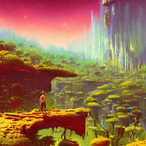 Image similar to illustration of a lush natural scene on an alien planet by paul lehr. extremely detailed. beautiful landscape. weird vegetation. cliffs and water.