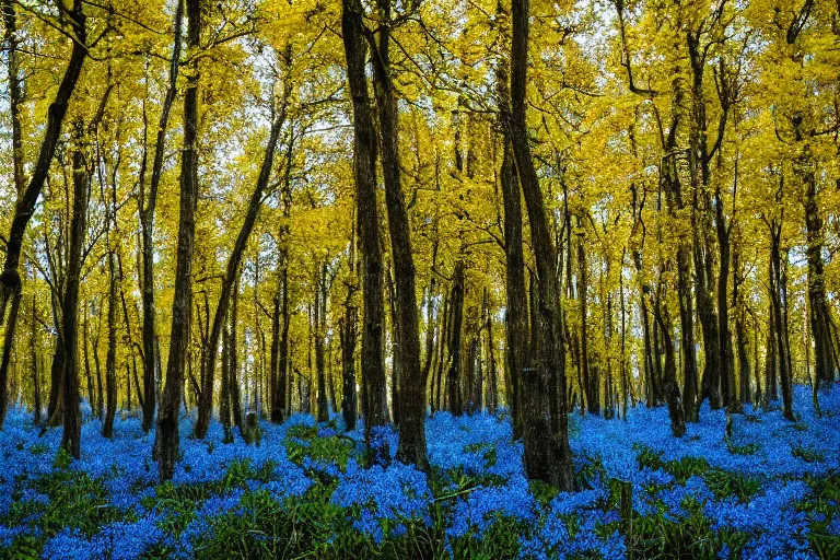 Image similar to forest of blue spaghetti under a yellow sky