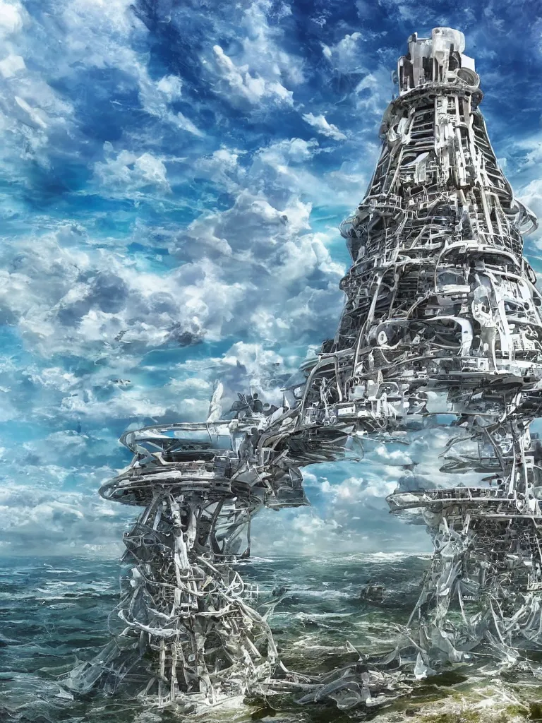 Prompt: a stunning wide angle view of an modern ancient tower on top of an alien structure in the middle of the gulf coast waters of florida, sun through puffy white clouds, highly detailed school of fish, artistic composition, sharp focus, intricate concept art, digital painting, colorful flat surreal design, hd, 8 k, artstation, ambient lighting